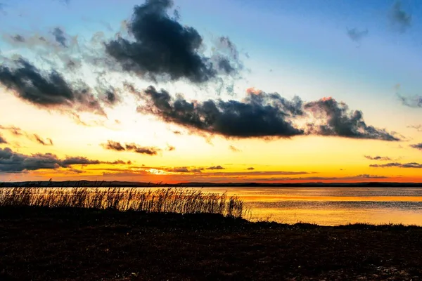 Vista Hipnotizante Pôr Sol Sobre Lago Com Juncos Costa — Fotografia de Stock