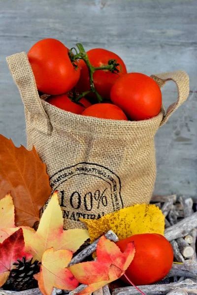 Gros Plan Vertical Tomates Dans Sac Toile Jute Brindilles Feuilles — Photo