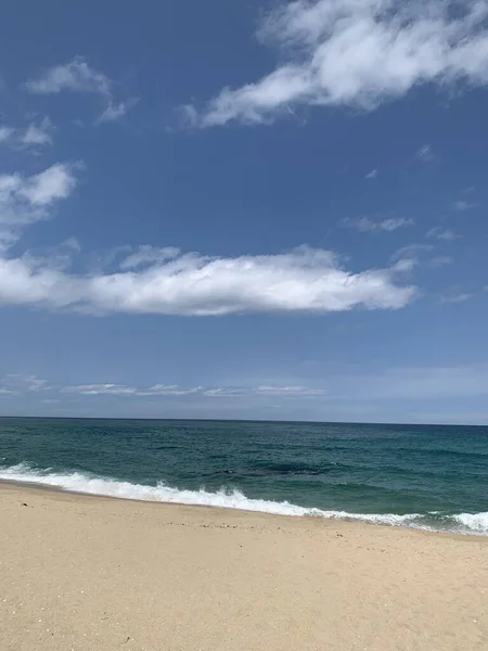 波が砂浜に達する牧歌的な熱帯のビーチの垂直ショット — ストック写真