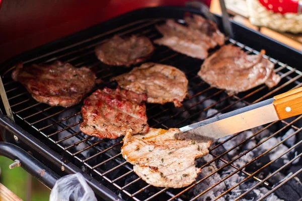 Közelkép Egy Személy Főzés Szájvíz Bbq Piknikhez Kapcsolódó Fotók — Stock Fotó