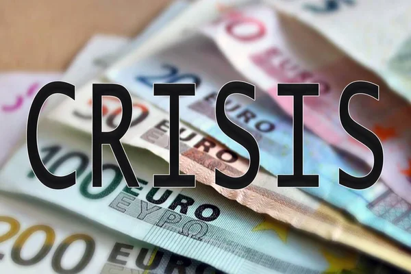 Een Close Van Eurobiljetten Een Woord Crisis Het Concept Van — Stockfoto