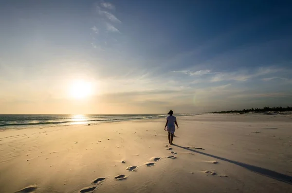 Primo Piano Una Persona Che Cammina Sulla Spiaggia Sabbiosa Con — Foto Stock