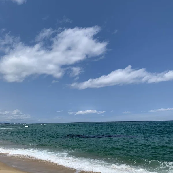 青い空の下 砂浜に波が到達する牧歌的な熱帯のビーチ — ストック写真