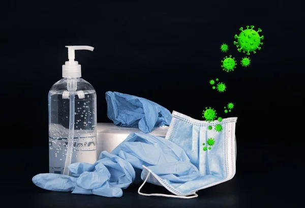 Hand Sanitizer Medical Protective Face Mask Gloves Coronavirus Black Background — Stock Photo, Image
