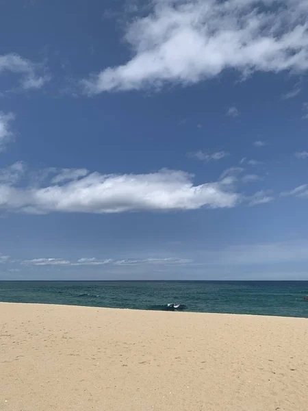 Pionowe Ujęcie Sielankowej Tropikalnej Plaży Pod Zachmurzonym Błękitnym Niebem — Zdjęcie stockowe