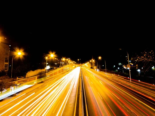 Las Carreteras Rodeadas Luces Coche Con Larga Exposición Por Noche — Foto de Stock