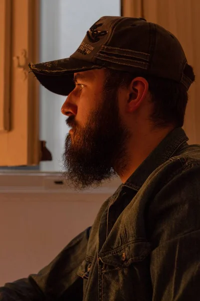 Attractive Bearded Man Wearing Hat Looking Something — Stock Photo, Image