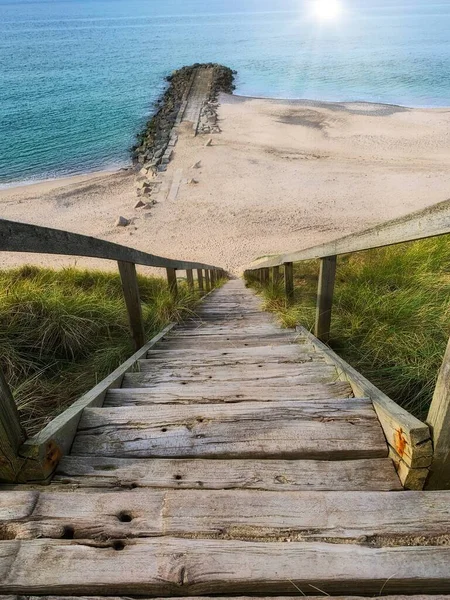 Tiro Vertical Degraus Madeira Que Leva Uma Praia Cercada Pelo — Fotografia de Stock