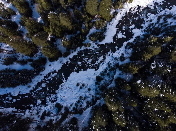 Colpo Aereo Fiume Ghiacciato Nella Foresta Inverno — Foto Stock