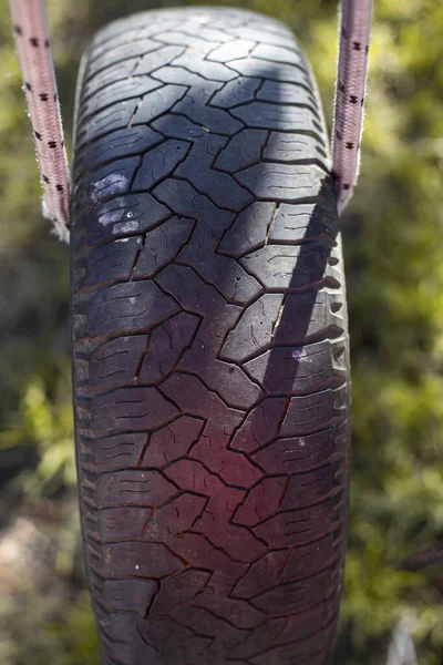 Eine Vertikale Aufnahme Einer Schaukel Aus Autoreifen Einem Park — Stockfoto