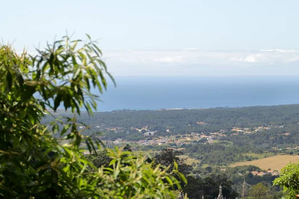 Una Toma Aérea Valle Con Bosques Casas Azar Fondo — Foto de Stock