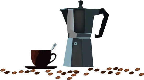 Μια Απεικόνιση Των Κόκκων Καφέ Ένα Φλιτζάνι Και Μια Καφετιέρα — Φωτογραφία Αρχείου