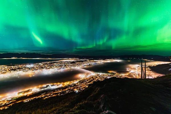 Aerial Shot Aurora Borealis Night Sky Tromso Lofoten Islands Norway — Stock Photo, Image
