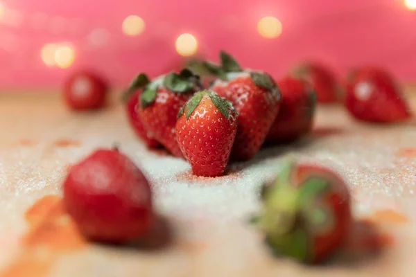 Fresh Red Strawberries Sugar Wooden Table — Stock Photo, Image