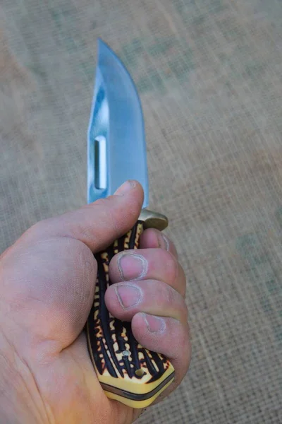 Vertical Shot Person Holding Hunting Knife Lights — Stock Photo, Image