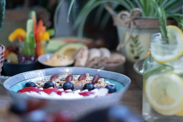 Primer Plano Tazón Postre Con Frutas Frescas Comida Saludable Una — Foto de Stock