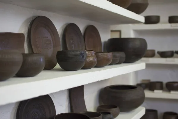 Handcrafted Antique Bowls Plates White Shelves — Stock Photo, Image