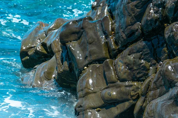 Primer Plano Rocas Húmedas Musgosas Junto Agua — Foto de Stock