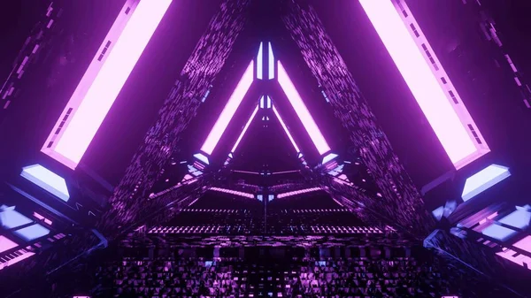 Detailní Záběr Fialových Neonových Světel Tvořících Trojúhelníkové Tvary Perspektivě Ideální — Stock fotografie