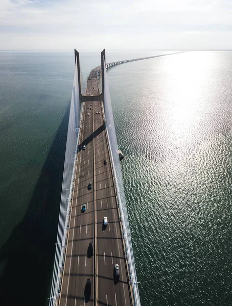 Lisbon Portugal Mar 2019 Aerial View Vasco Gama Bridge Sunny — Stock Photo, Image