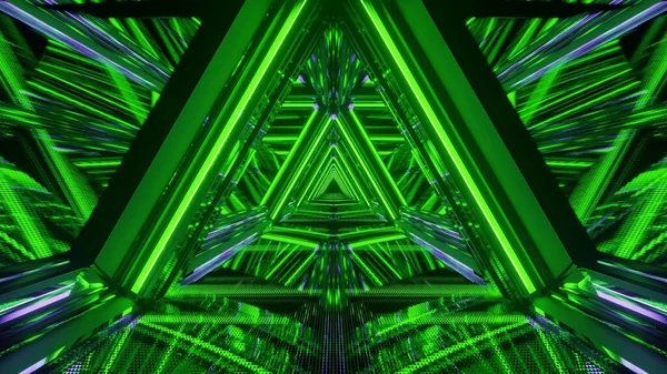Yeşil Neon Işıkların Yakın Plan Çekimi Perspektifte Üçgen Şekiller Oluşturuyor — Stok fotoğraf