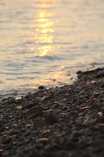 Eine Selektive Fokusaufnahme Eines Ozeans Sonnenlicht Mit Den Kieselsteinen Vordergrund — Stockfoto