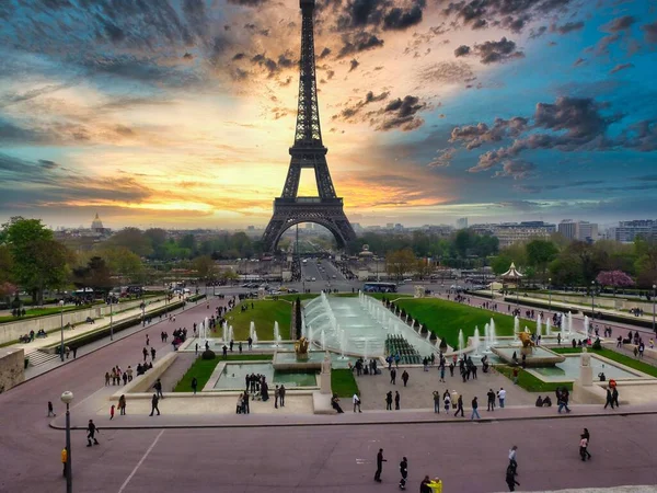 Een Luchtfoto Van Trocadero Gardens Parijs Frankrijk Bij Zonsondergang — Stockfoto