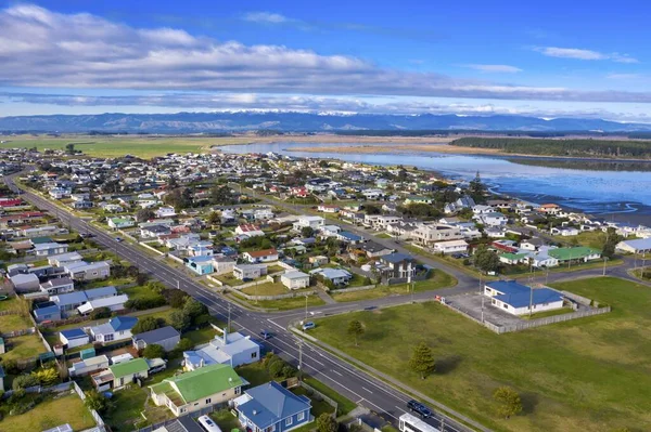 Una Toma Aérea Del Pueblo Playa Foxton Manawatu Wanganui Nueva —  Fotos de Stock