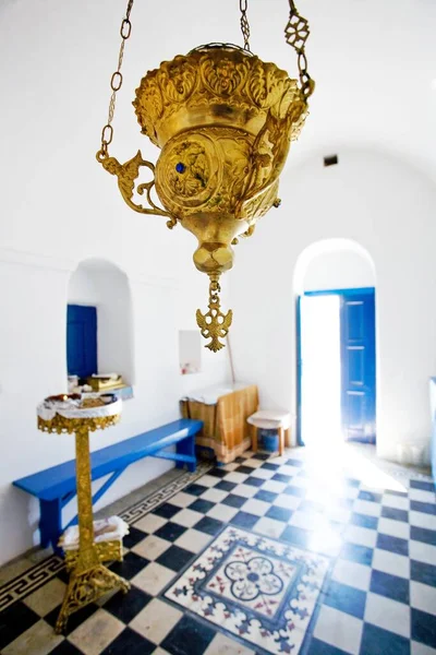 Plano Vertical Interior Edificio Griego Tradicional Colores Azul Dorado — Foto de Stock