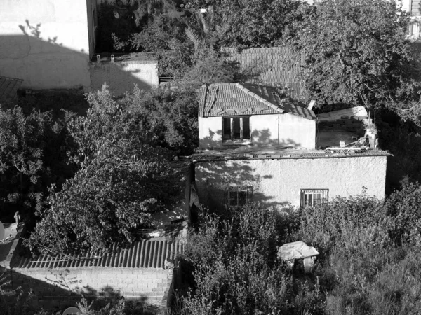 Graustufenaufnahme Eines Traditionellen Türkischen Hauses Umgeben Von Bäumen — Stockfoto