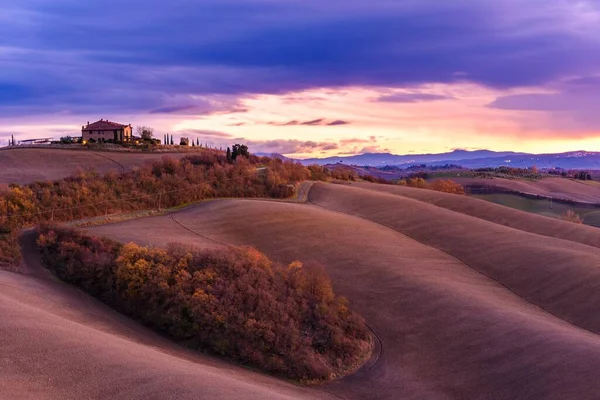 Scenic View Tuscan Landscape Sunset Farmhouse Top Hill — Stock Photo, Image