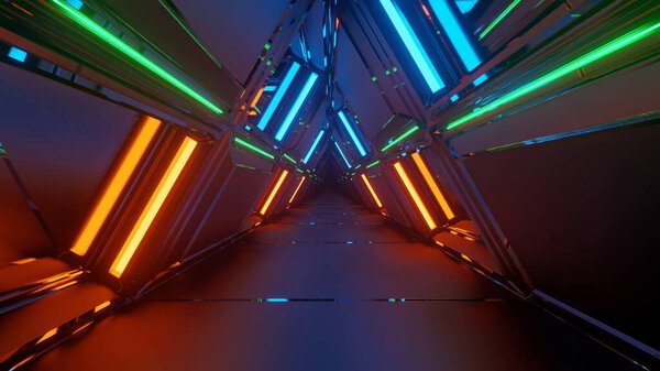 Closeup Shot Colorful Neon Lights Forming Triangular Shapes Perspective Perfect — Stock Photo, Image