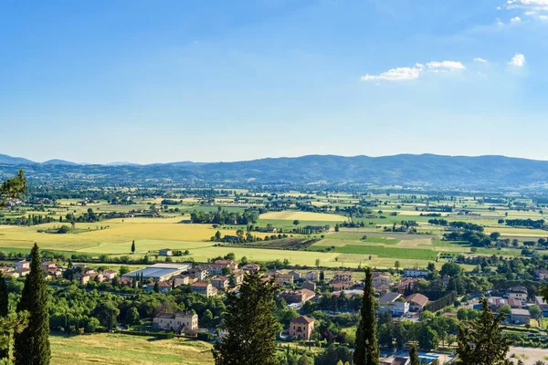 Uma Vista Panorâmica Paisagem Rural Italiana Partir Miradouro Cidade Spello — Fotografia de Stock