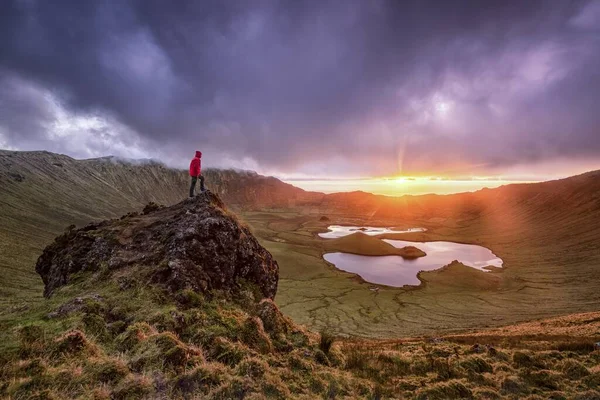 Sunset Corvo Island Crater Azores Portugal — Stock Photo, Image