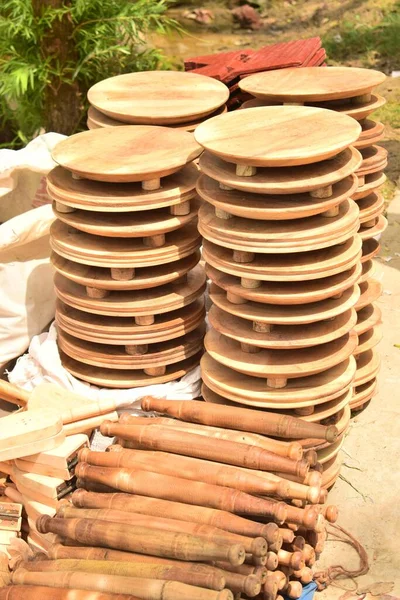 Kézzel Készített Fából Készült Szerszámok Kenyérkészítéshez Utcai Piacon — Stock Fotó