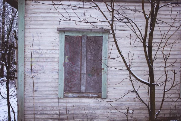 Zbliżenie Okna Starego Opuszczonego Domu Otoczonego Drzewami Liściastymi Zimie — Zdjęcie stockowe