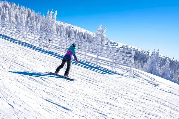 Snowboarder Bajando Colina Resort Montaña —  Fotos de Stock