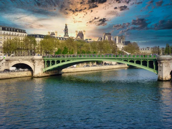 Puente Piedra Sobre Río Sena París Francia Atardecer —  Fotos de Stock