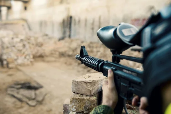 Closeup Person Playing Paintball Abandoned Building Lights — Stock Photo, Image