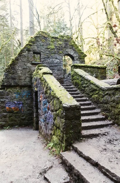 The remains of a public restroom and park maintenance storage building in Portland\'s Forest Park