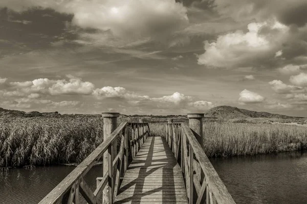 一座美丽的灰色比例的老木桥在湖上的照片 — 图库照片