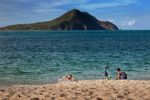 Happy Family Enjoying Day Sandy Beach Calm Sea — Stock Photo, Image