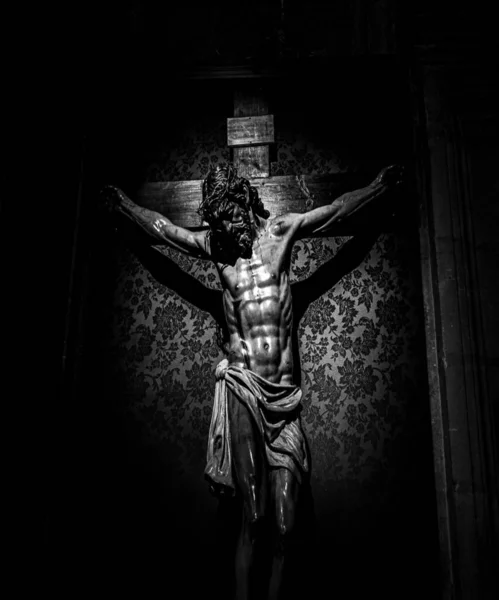 Granada Espanha Dezembro 2019 Estátua Cristo Catedral Granada Preto Branco — Fotografia de Stock