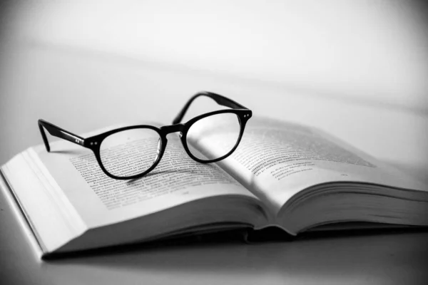 Snímek Stupních Šedi Brýlemi Otevřené Knize Bílým Pozadím — Stock fotografie