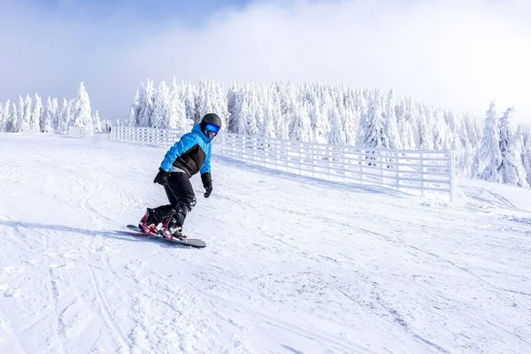Snowboarder Movimiento Bajando Colina Resort Montaña — Foto de Stock