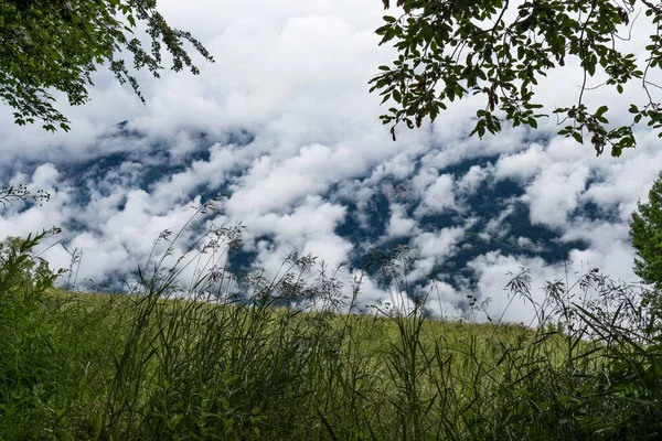 Eine Schöne Aufnahme Von Einem Feld Der Nähe Von Bergen — Stockfoto
