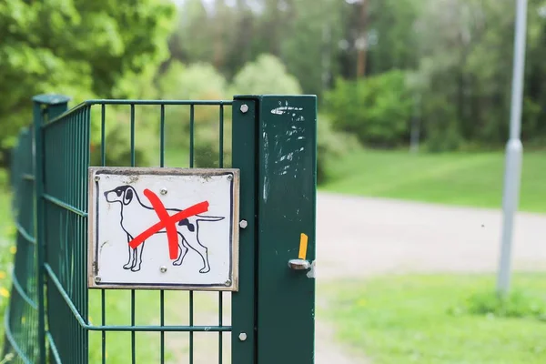 Eine Nahaufnahme Von Hunden Verboten Schild Einem Metallzaun Befestigt — Stockfoto