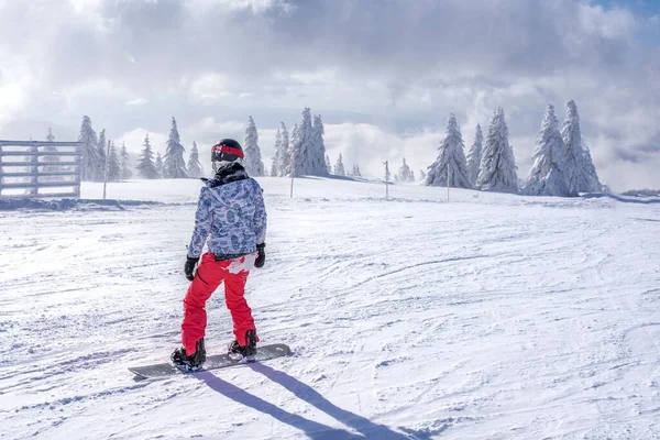 Snowboardzista Jadący Dół Wzgórza Górskim Ośrodku Narciarskim Jodłami Tle — Zdjęcie stockowe