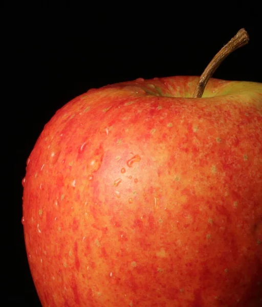 Egy Elszigetelt Közelkép Egy Vörös Almáról Cseppekkel Fekete Alapon — Stock Fotó