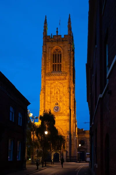 Derby Reino Unido Mayo 2019 Torre Catedral Derby Iluminada Por — Foto de Stock